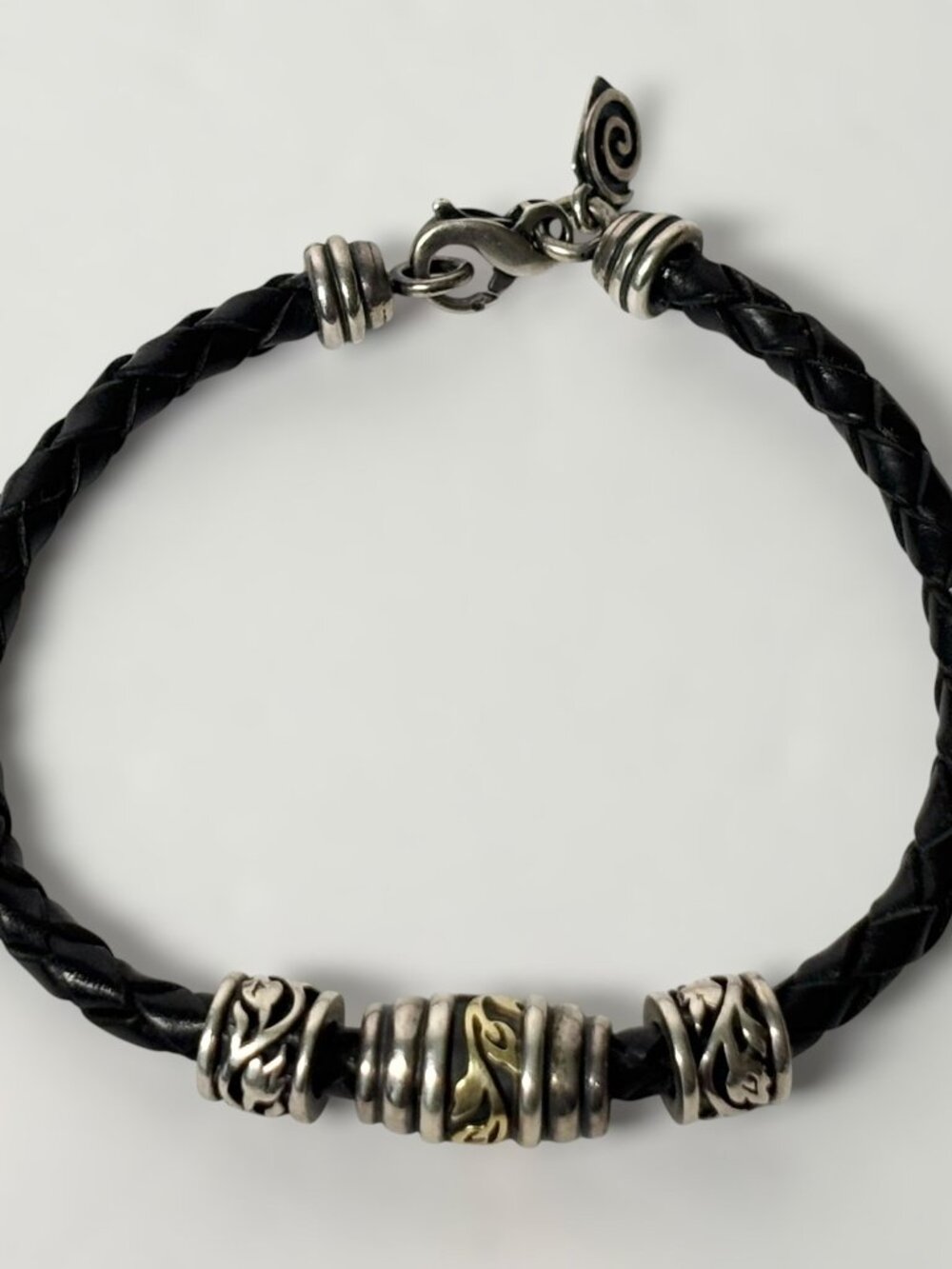 Relios Carolyn Pollack 925 Sterling Silver 18K Gold Braided Leather Bracelet 7.5